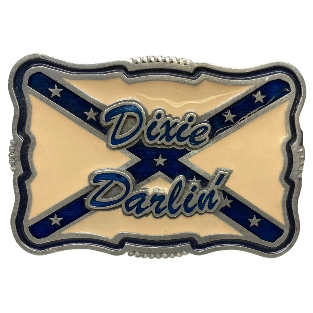 Vintage 2005 DIXIE‎ DARLIN' Belt Buckle, Cream & Blue, Pewter, Made in USA